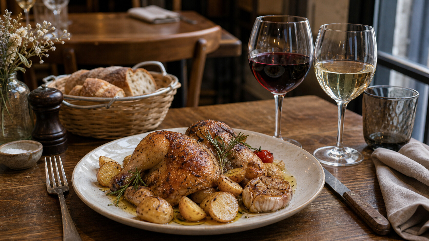 Assiette de volaille rôtie servie avec deux verres de vin