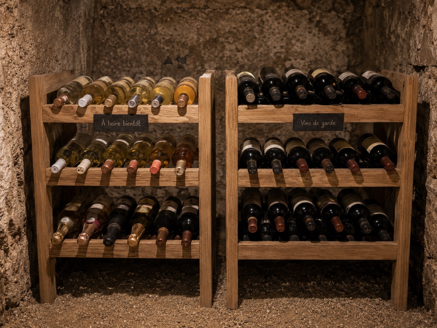 Bouteilles de vin séparées entre bouteilles à boire et bouteilles de garde