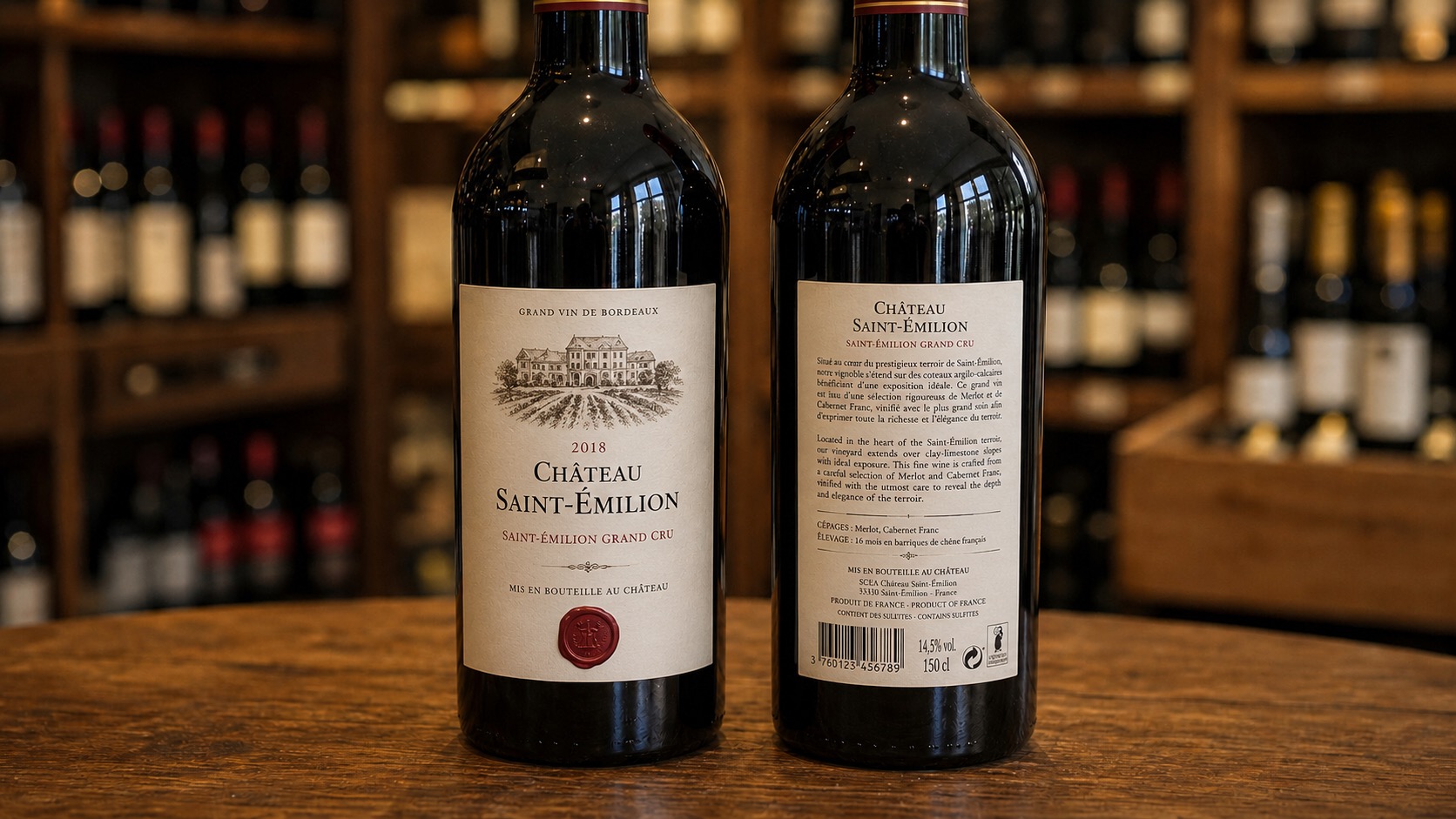 Gros plan sur l'étiquette et la contre-étiquette d'une bouteille de vin