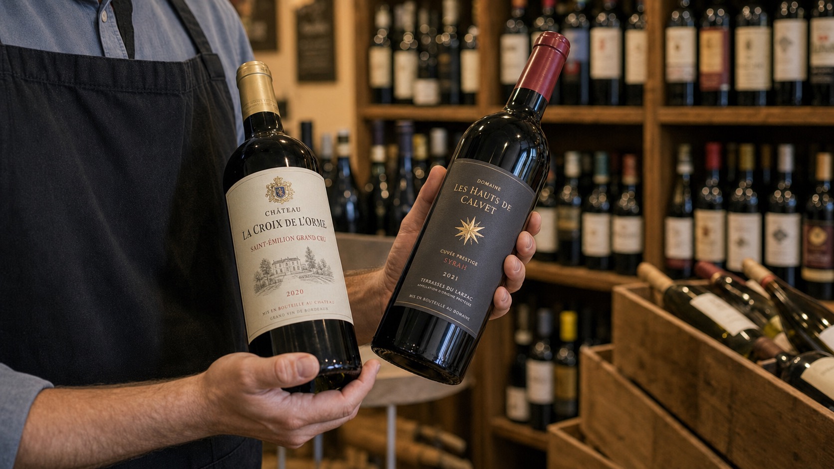 Main tenant deux bouteilles de vin aux étiquettes différentes